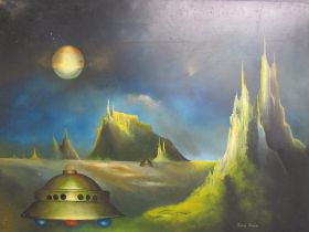 James Taylor unframed oil on board of a space scene with spaceship - approx 73cm x 56cm