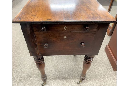 Victorian sewing table on turned legs on castors with two drawers to the front & blind drawers to - Image 3 of 4