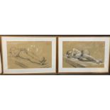 Pair of framed charcoal sketches of reclining nudes by John Hall with letter of provenance verso.