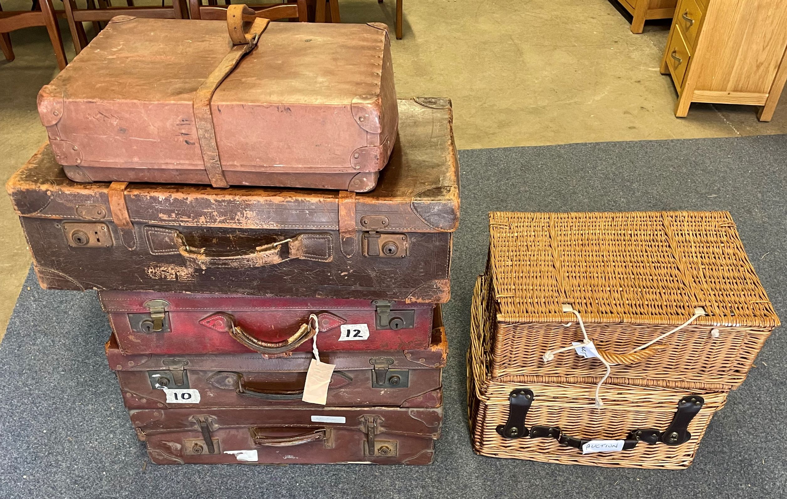 2 wicker baskets & 5 vintage suitcases