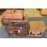 2 wicker baskets & 5 vintage suitcases