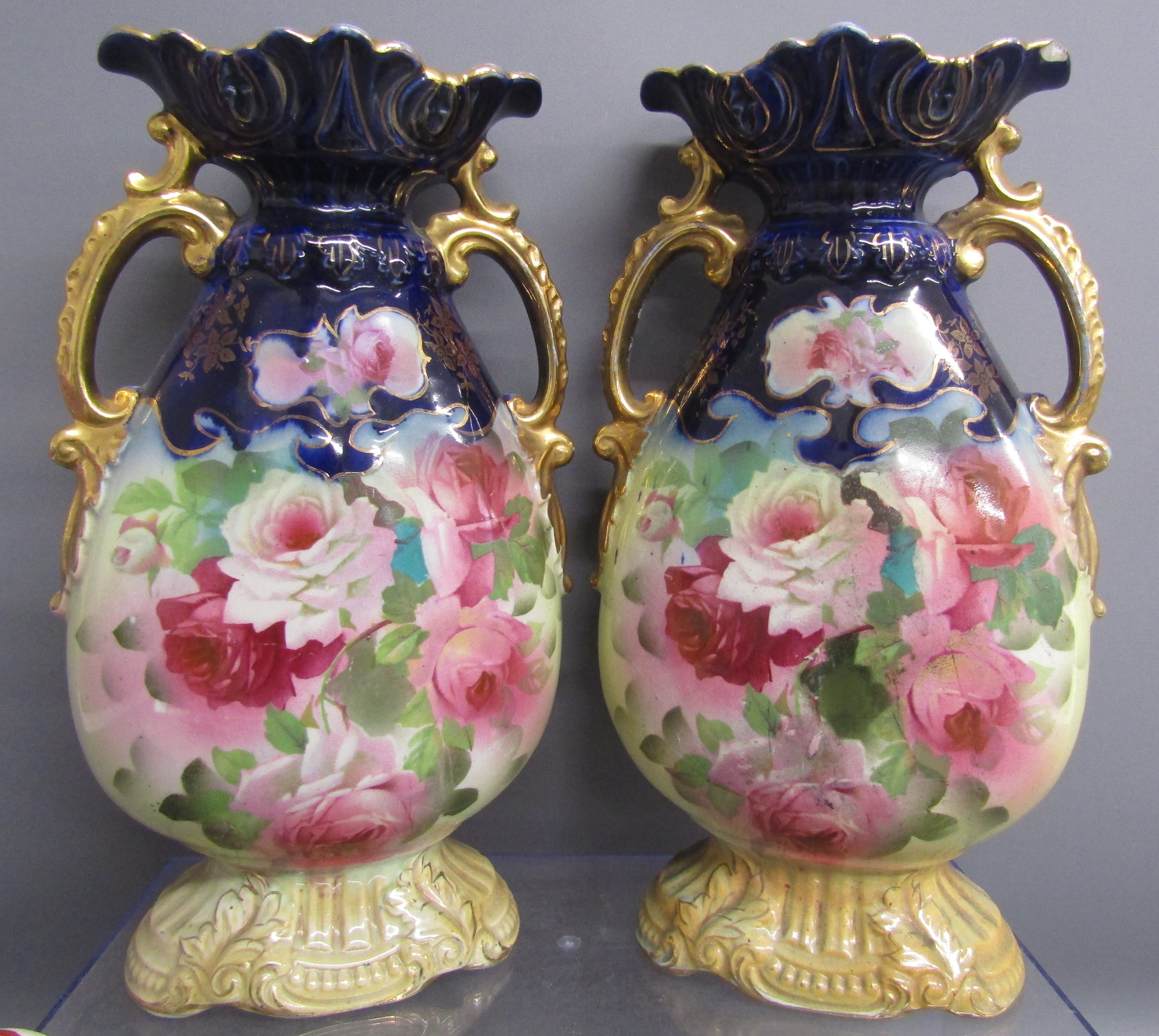 Pair of twin handled mantel vases painted with pink roses, pair of Staffordshire dogs, Made in Japan - Image 4 of 5
