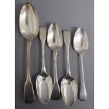 5 silver spoons - possibly Richard Britton London 1824 serving spoon, possibly Stephen Adams