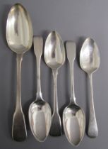 5 silver spoons - possibly Richard Britton London 1824 serving spoon, possibly Stephen Adams