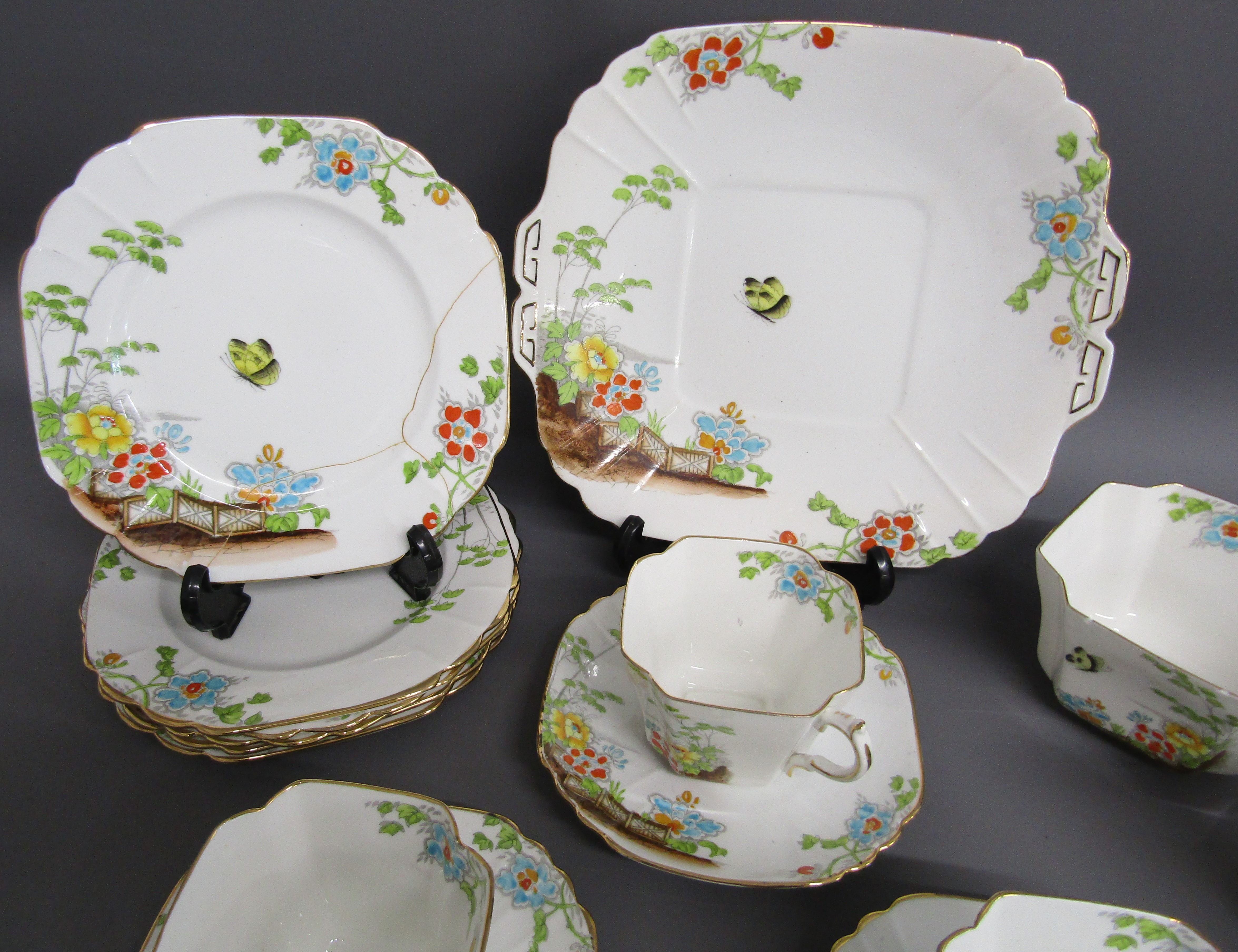 Victoria C & E bone China teacups, saucers, cake plates, side plates (one repaired), sugar bowl - Image 3 of 5