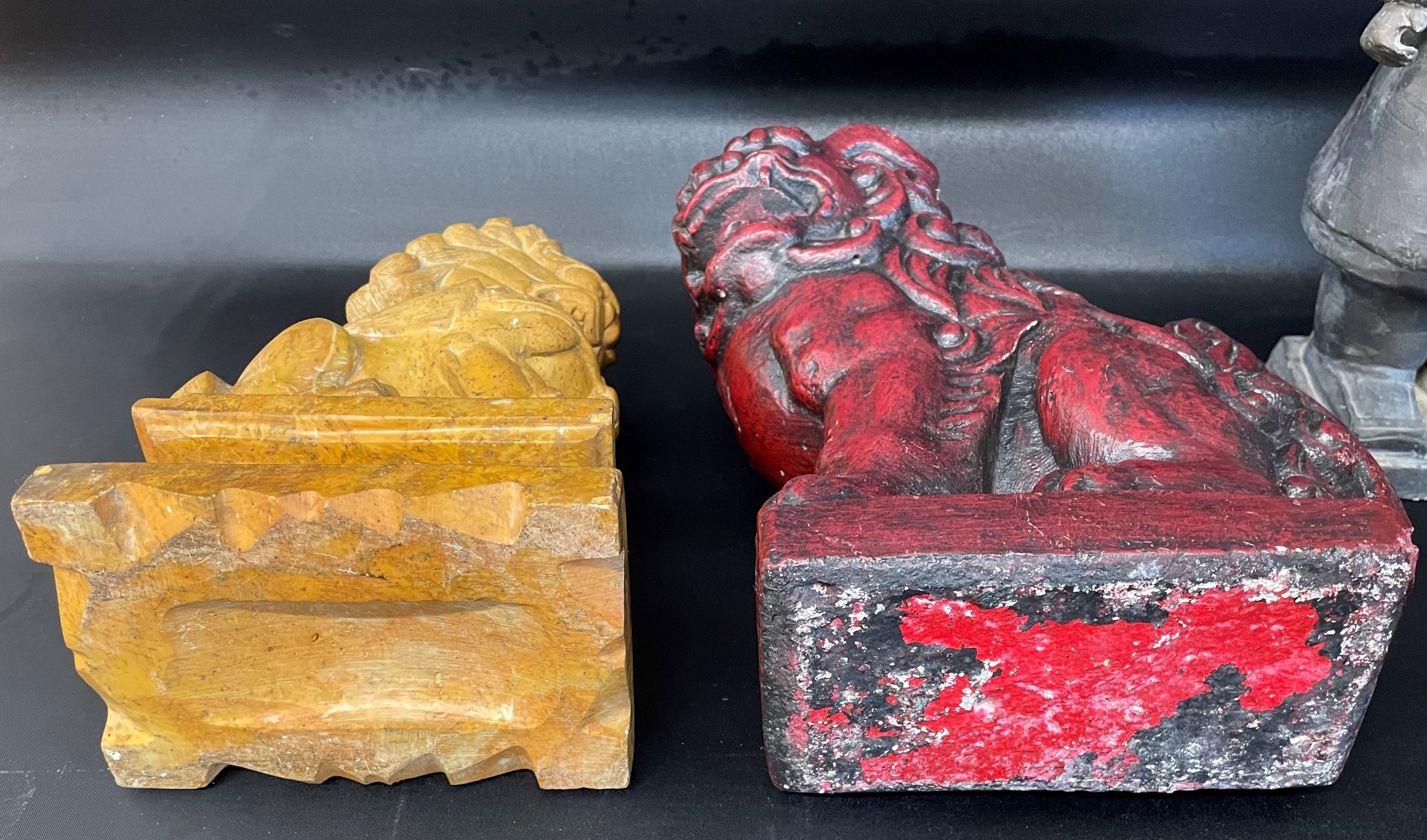 Pair of red cast foo dogs, pair of carved stone foo dogs & a Chinese Terracotta Army figure - Image 3 of 3