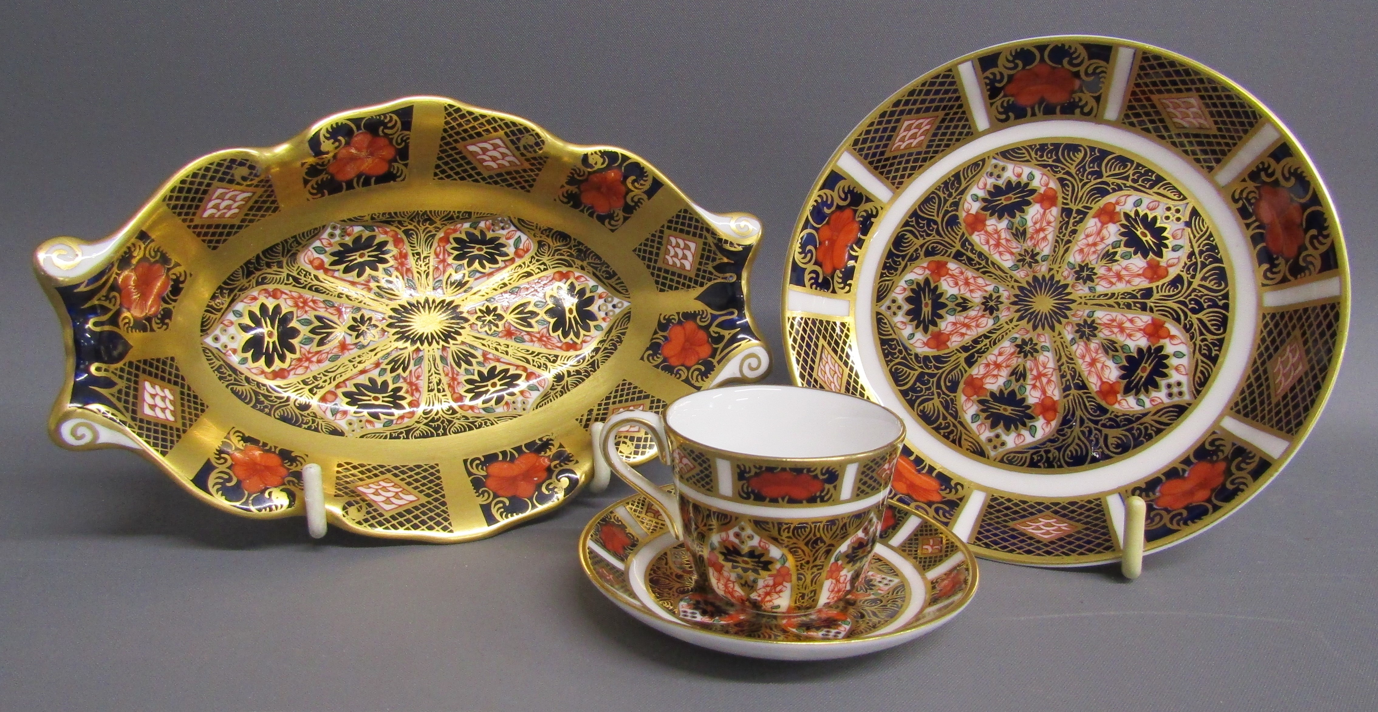 Royal Crown Derby Imari 1128 trinket dish, oval dish and miniature teacup and saucer
