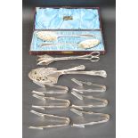 Set of six silver plated asparagus servers & serving tongs, cased set of silver plated berry