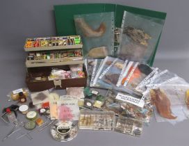 Large collection of fly making items includes Veniard table holder, waxes, mixed feathers and