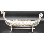 Silver plated Danish Viking ship stamped "Eneret, Astral" with two towers hallmark 24cm wide