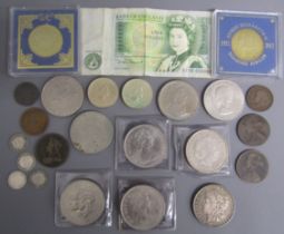 Collection of coins includes £1 note, 1898 United States of America one dollar coin, 2000 Queen