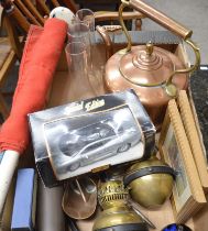 Large copper kettle, 2 wall mounted paraffin lamps, Maisto Jaguar 1:24, Union Jack flag, copper