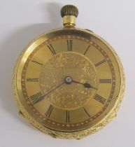 18k Swiss made gold open faced pocket watch with engine turned dial and floral design - engraved