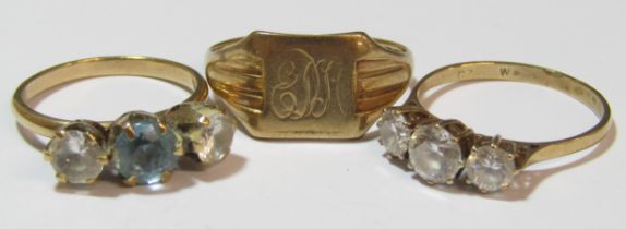 3 rings - 9ct gold signet ring engraved 'EDH' ((broken), ring size Q 2.3g - tested as 9ct with cubic