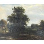 19th century oil on canvas landscape with a bridge in the foreground.  Frame size 58cm by 50cm