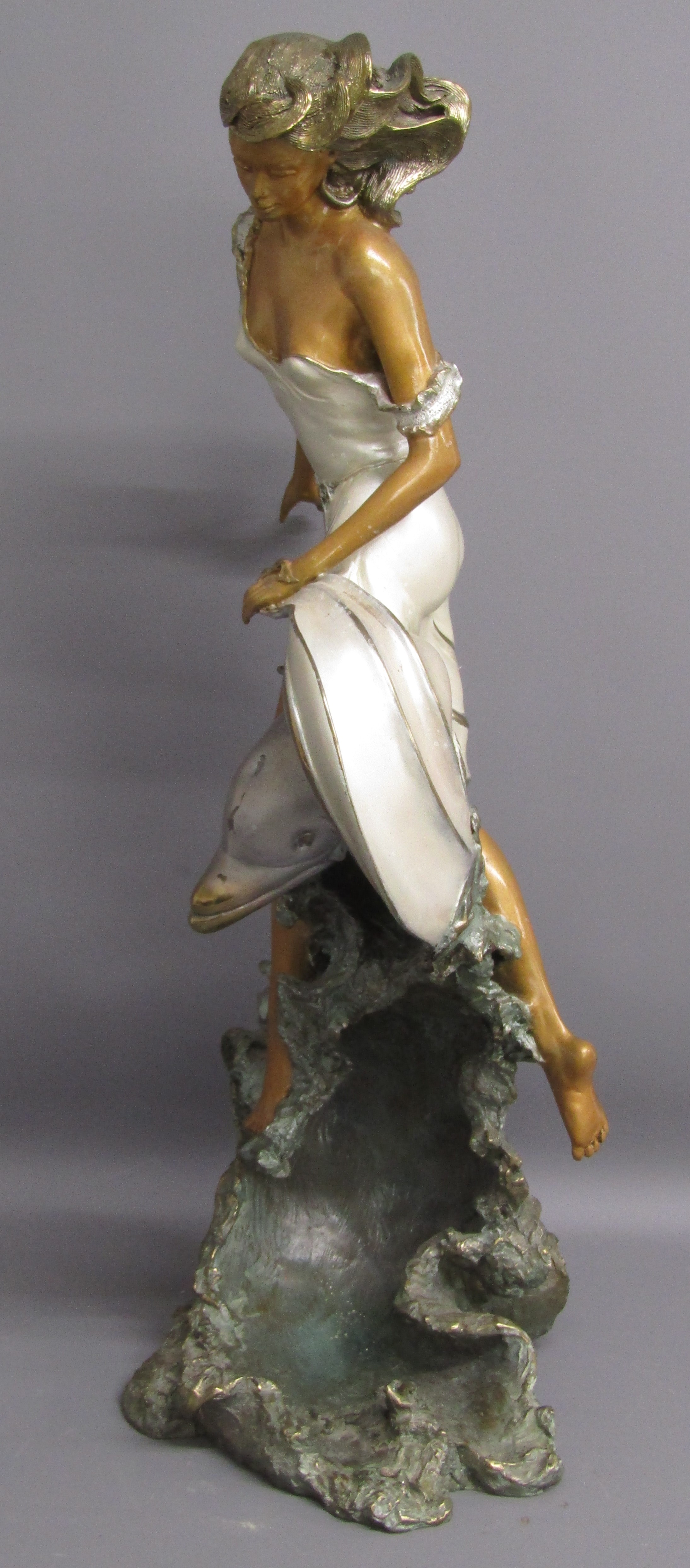 A. Basso bronze figure of lady with a dolphin on a wave, Ombri Fine Arts 1996 - approx. 65cm tall ( - Bild 5 aus 8