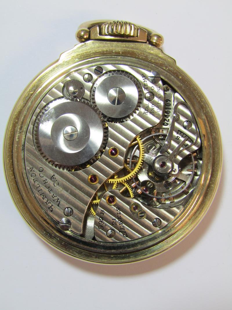 Hamilton Railway special 992B pocket watch - 21 jewels - Montgomery dial - pearl face - 10K gold - Image 7 of 10