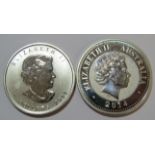2 x 1oz fine silver coins - 2011 Canadian 5 dollar & 2014 Australian Kookaburra