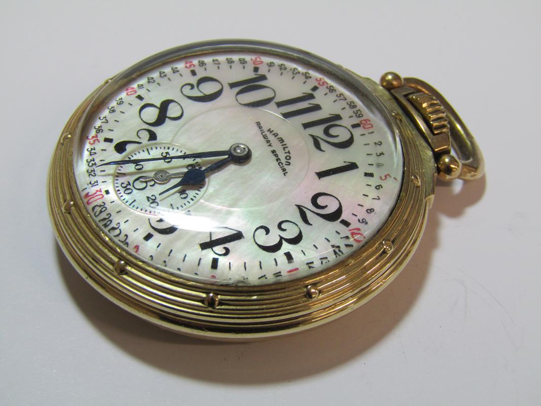 Hamilton Railway special 992B pocket watch - 21 jewels - Montgomery dial - pearl face - 10K gold - Image 10 of 10