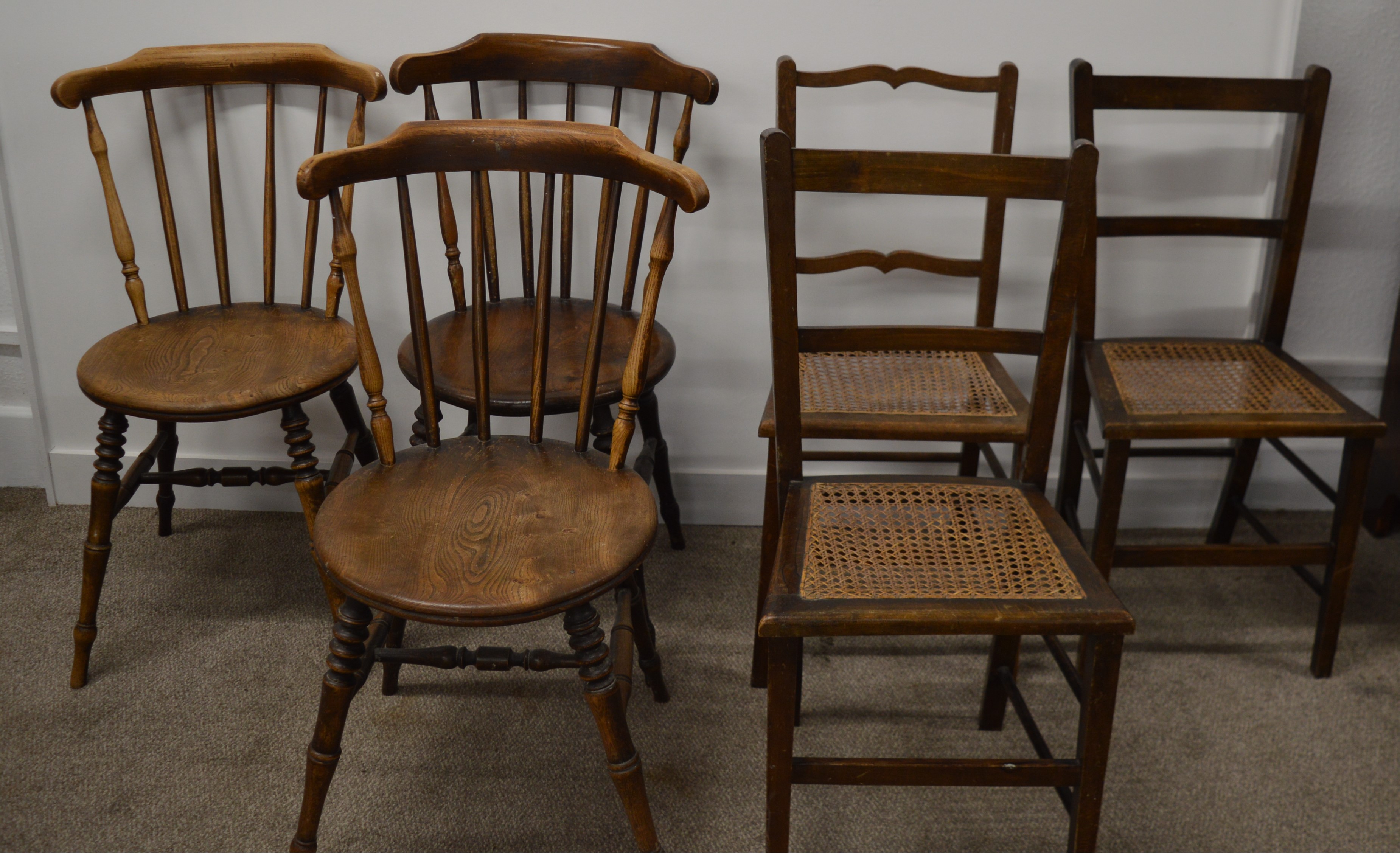 3 bedroom chairs (HT85cm W39cm) and 3 late 19th early 20th century spindle back kitchen chairs (