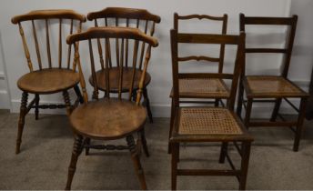 3 bedroom chairs (HT85cm W39cm) and 3 late 19th early 20th century spindle back kitchen chairs (