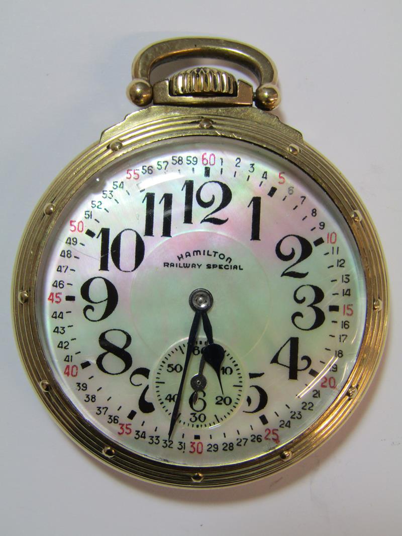 Hamilton Railway special 992B pocket watch - 21 jewels - Montgomery dial - pearl face - 10K gold