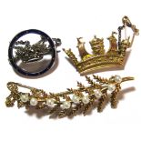 9ct gold naval sweetheart brooch (2.8g) with near matching silver enamelled marcasite brooch and 9ct