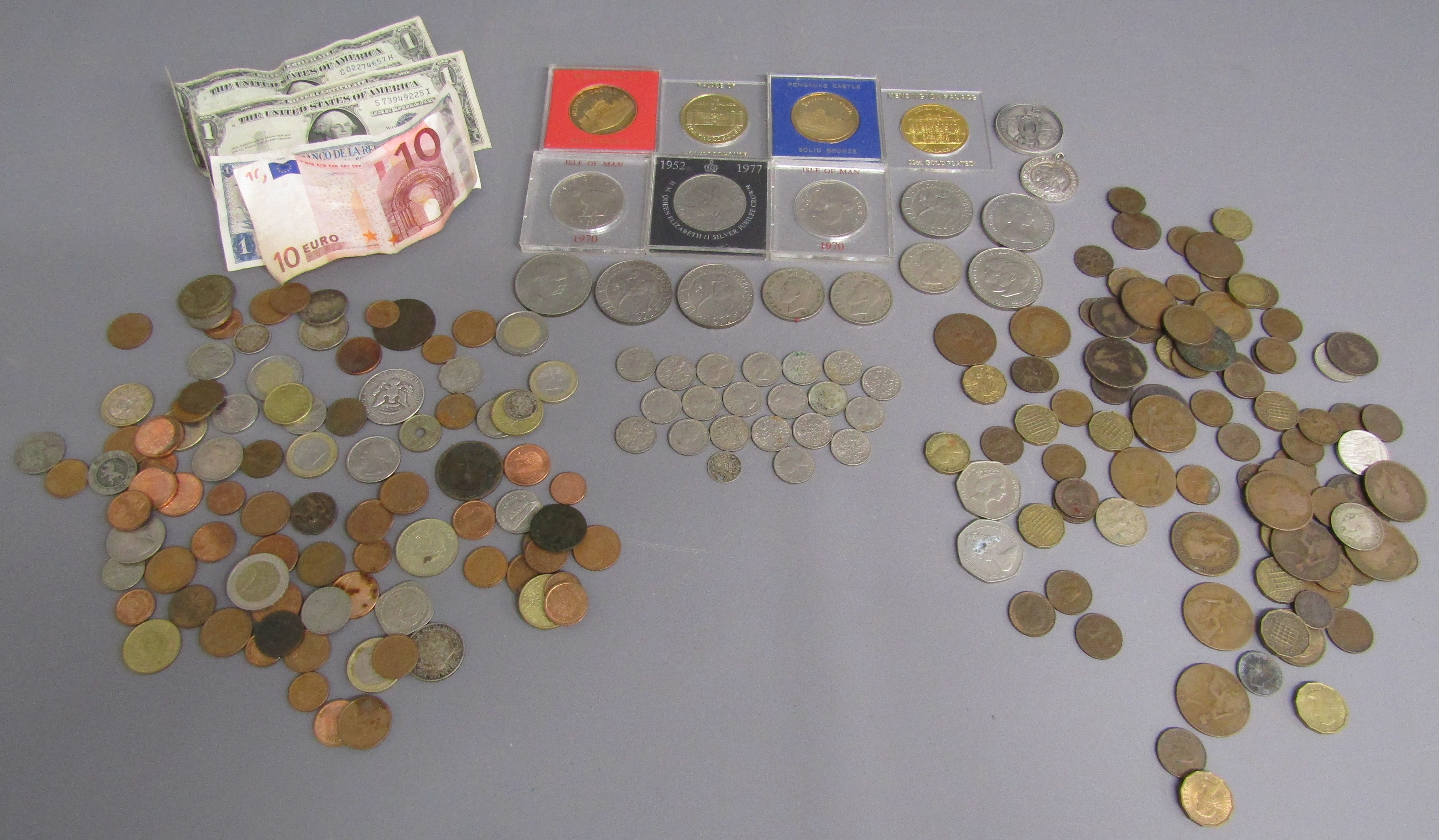 Collection of coins includes English and Foreign, 1 dollar bill, 10 Euro note, 1964 half dollar,