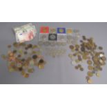 Collection of coins includes English and Foreign, 1 dollar bill, 10 Euro note, 1964 half dollar,