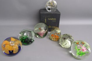 7 glass paperweights includes Peter John and Langham