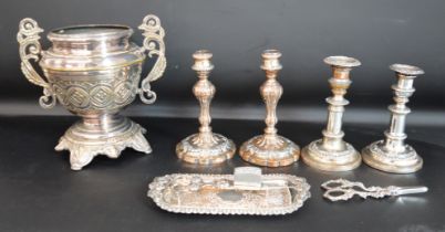 2 pairs of silver on copper candlesticks, twin handled jardinière on stand, pair of candle