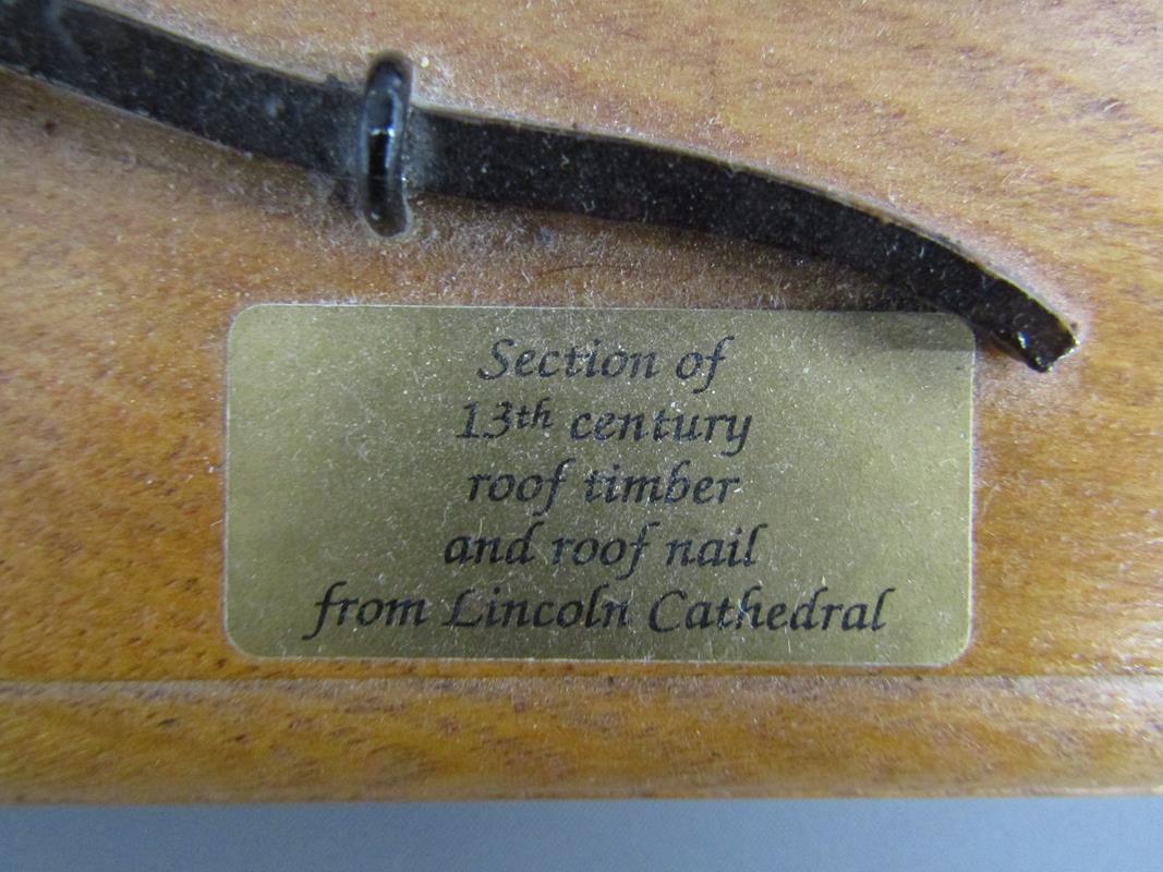 Collection of treen and brass ware includes a piece of Lincoln Cathedral roof, Ryecraft bowl, - Image 7 of 7