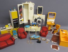 Original Sindy furniture includes bathroom, dressing table, wardrobe, kitchen units, 3 piece