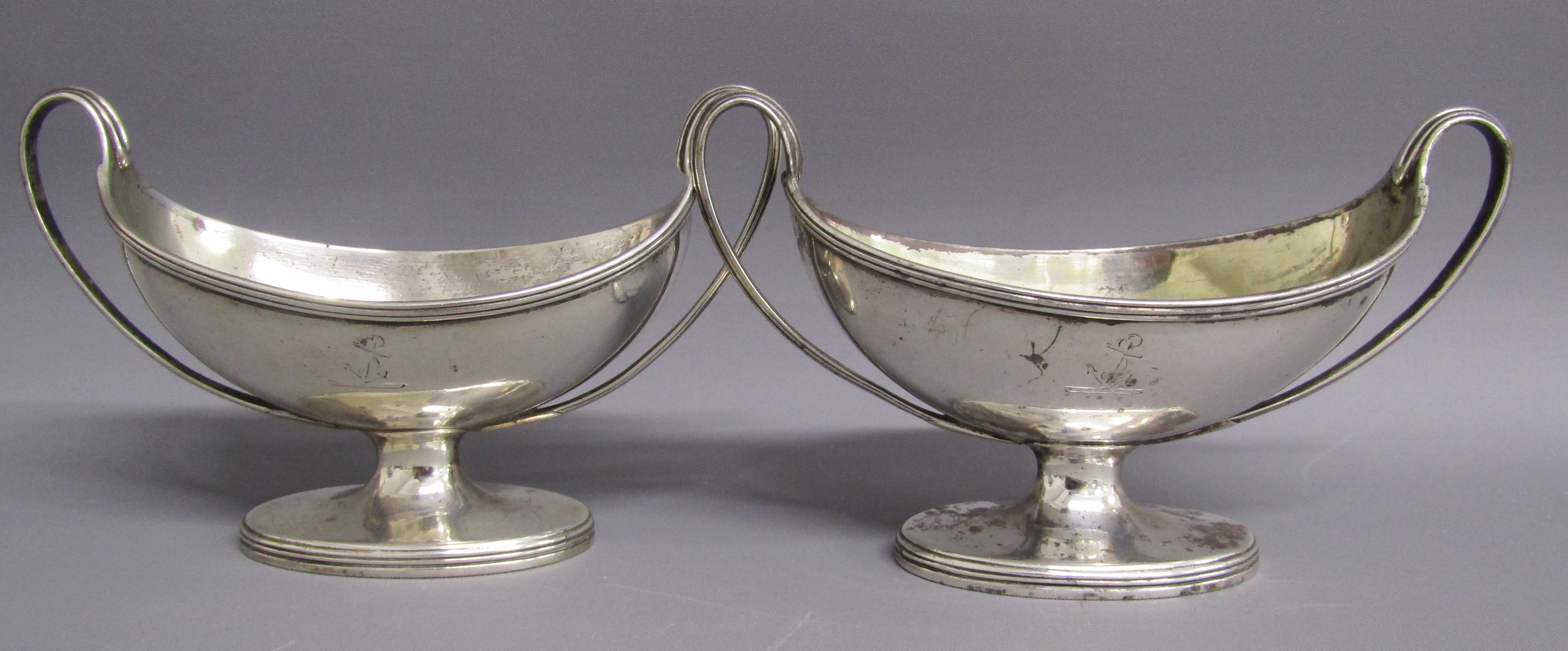 Possibly Henry Chawner London 1792 silver twin handled sauce dishes with anchor monogram and William - Image 2 of 6