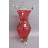 Cranberry glass footed vase with splash glass top 24.5cm