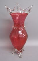 Cranberry glass footed vase with splash glass top 24.5cm