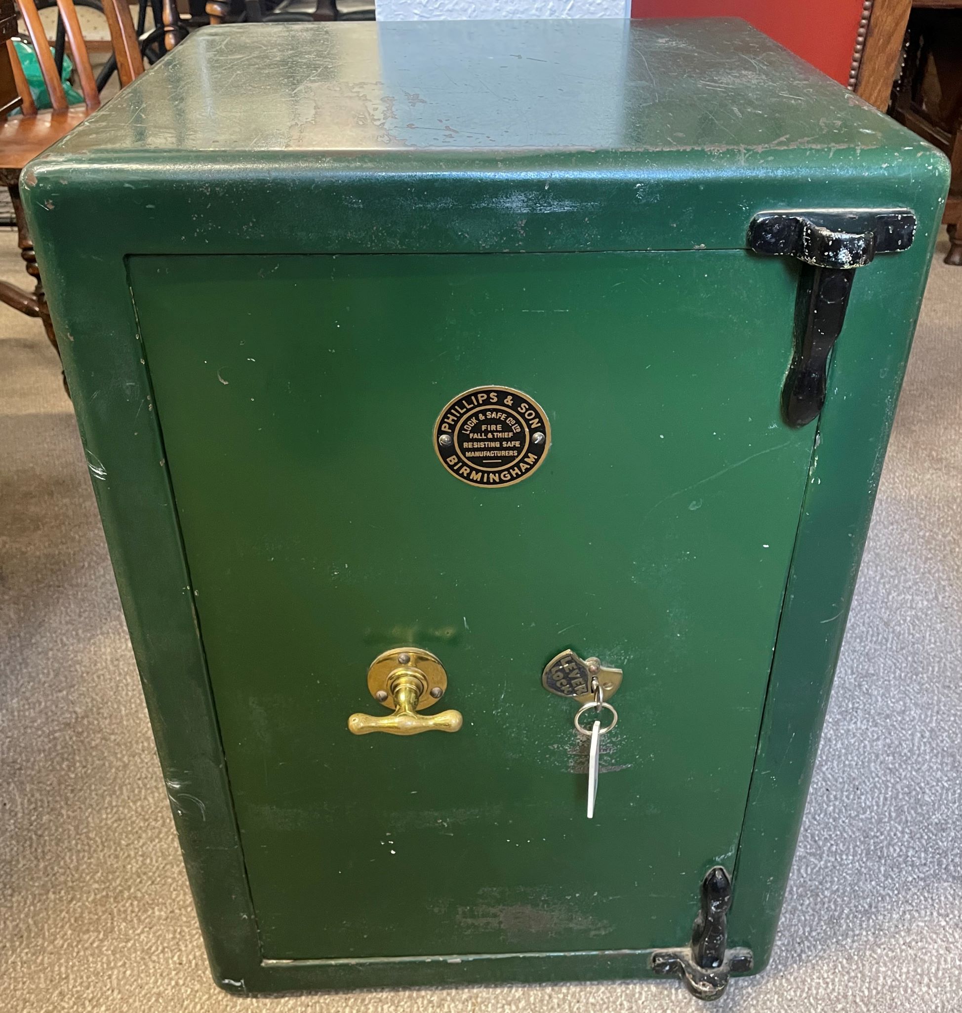 Early 20th century metal safe by Phillips & Son of Birmingham with key Ht 72cm W 49cm D 46cm