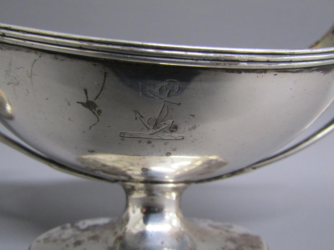 Possibly Henry Chawner London 1792 silver twin handled sauce dishes with anchor monogram and William - Image 3 of 6