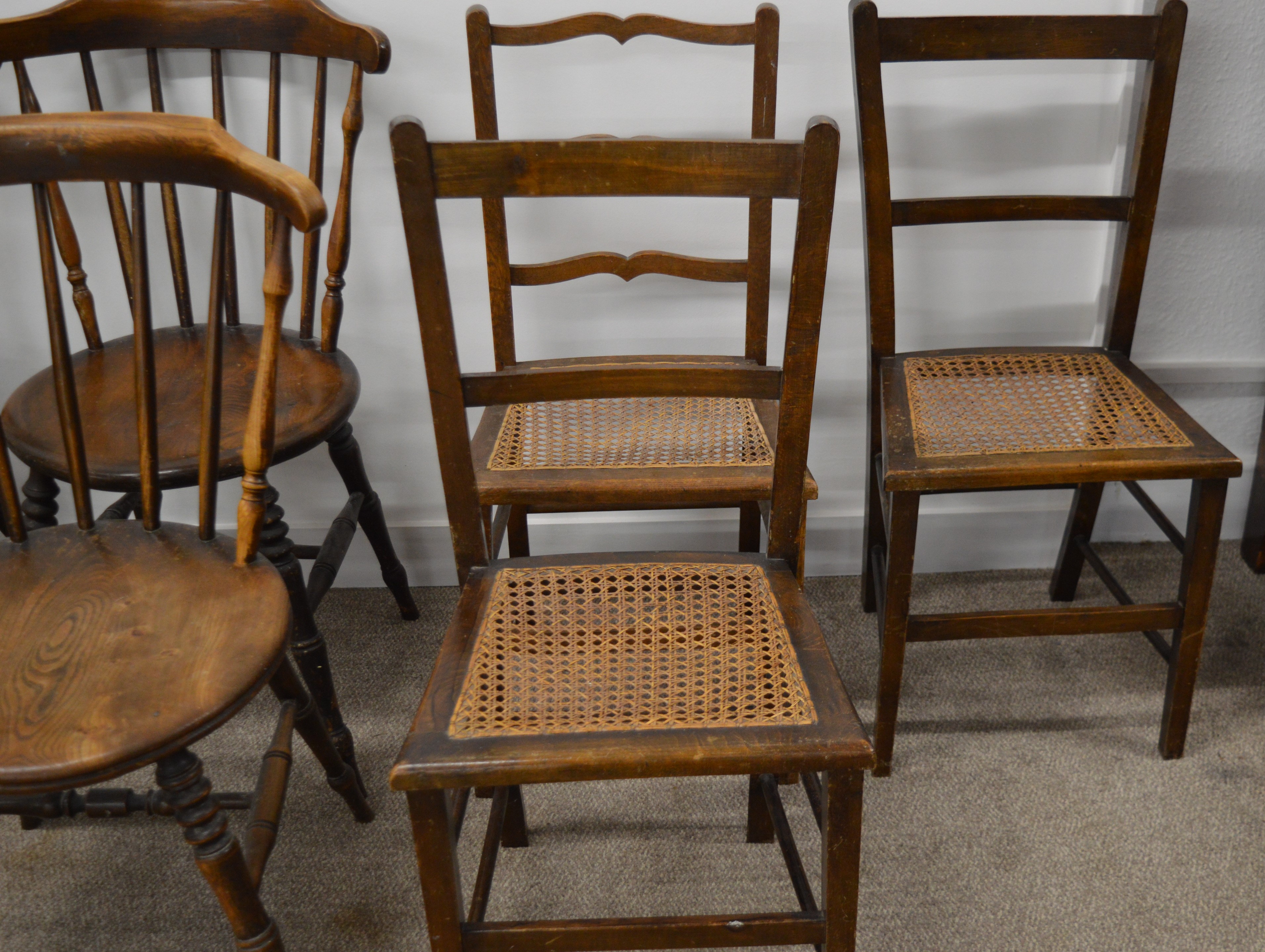 3 bedroom chairs (HT85cm W39cm) and 3 late 19th early 20th century spindle back kitchen chairs ( - Image 3 of 3