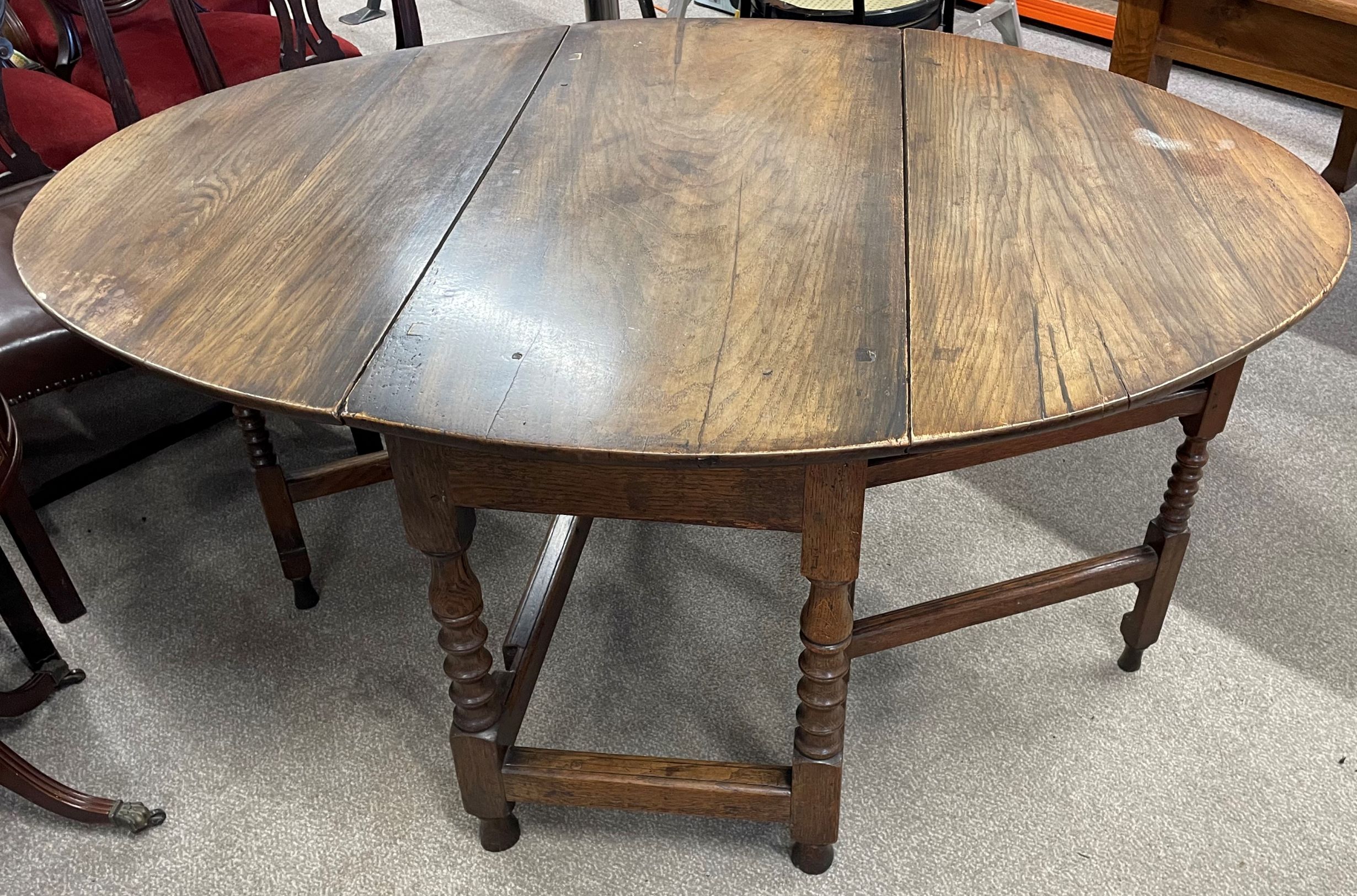 Reproduction oak gate leg table on turned legs with oval top (top needs reattaching) 144cm by