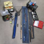 Collection of sea fishing and spinning reels, rods and weights includes Okuma DT-80 reel, Greys