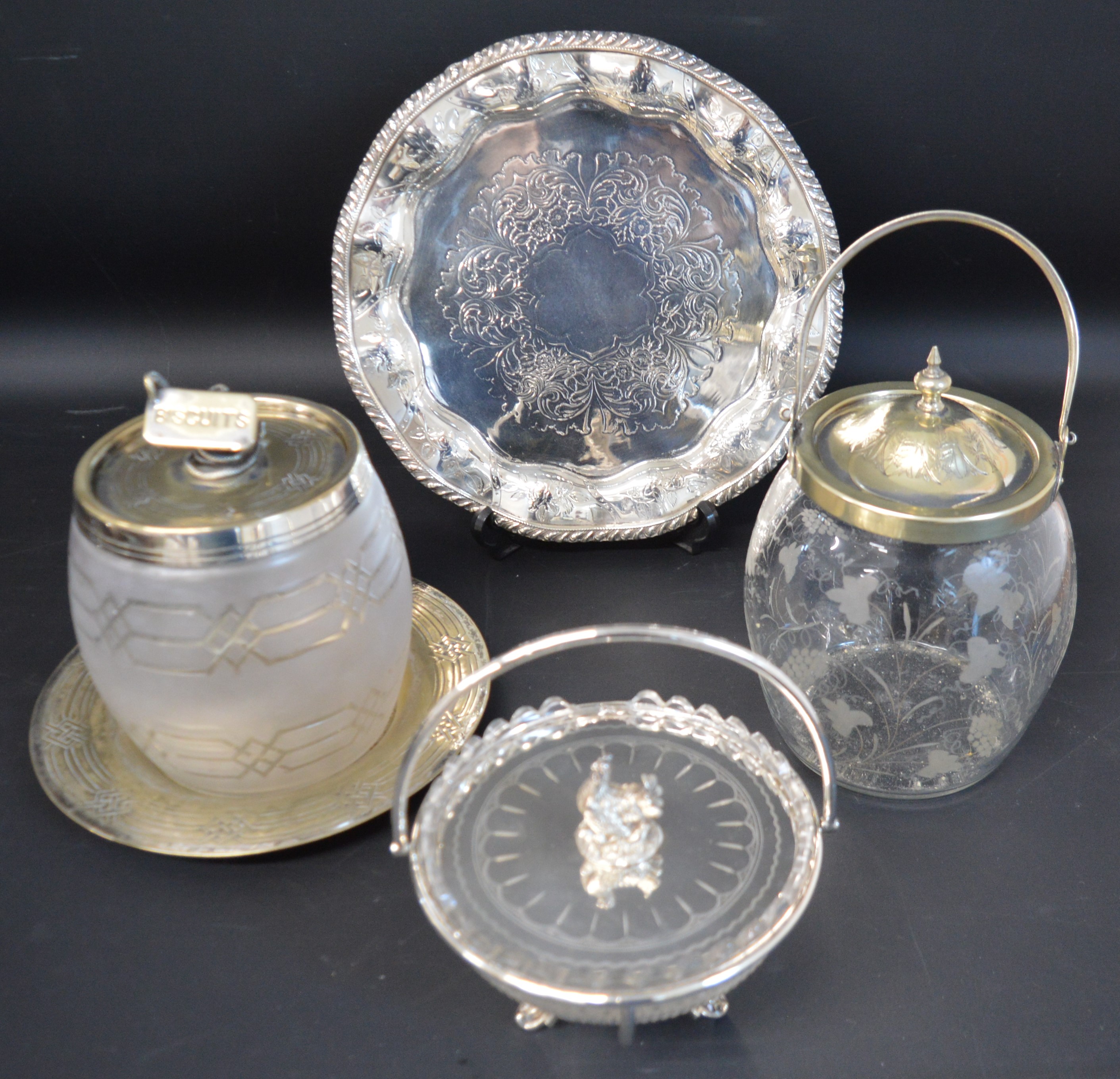 Two etched glass silver plated biscuit barrels, silver plated tray & cut glass and silver plated