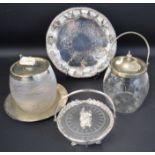 Two etched glass silver plated biscuit barrels, silver plated tray & cut glass and silver plated