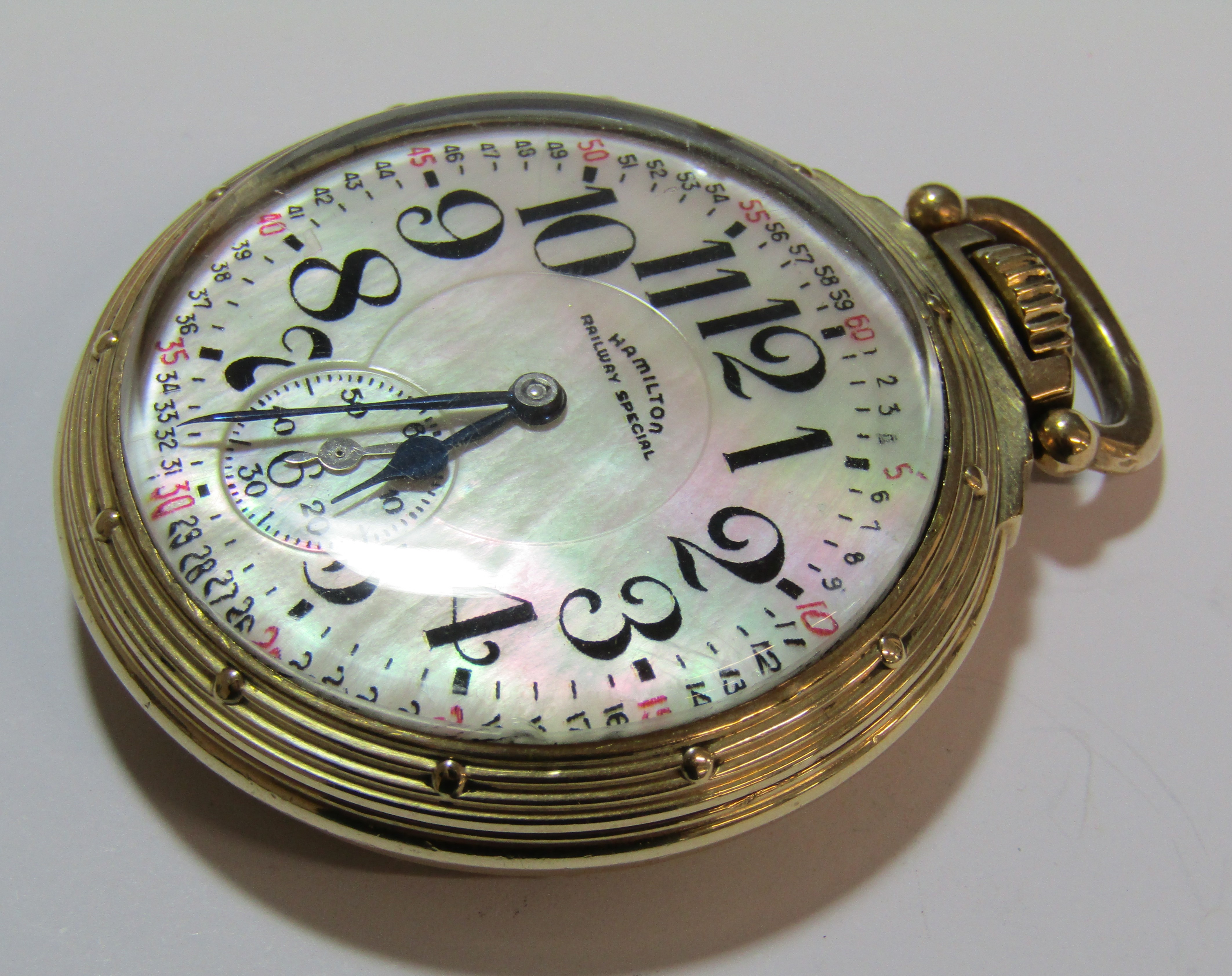 Hamilton Railway special 992B pocket watch - 21 jewels - Montgomery dial - pearl face - 10K gold - Image 4 of 10
