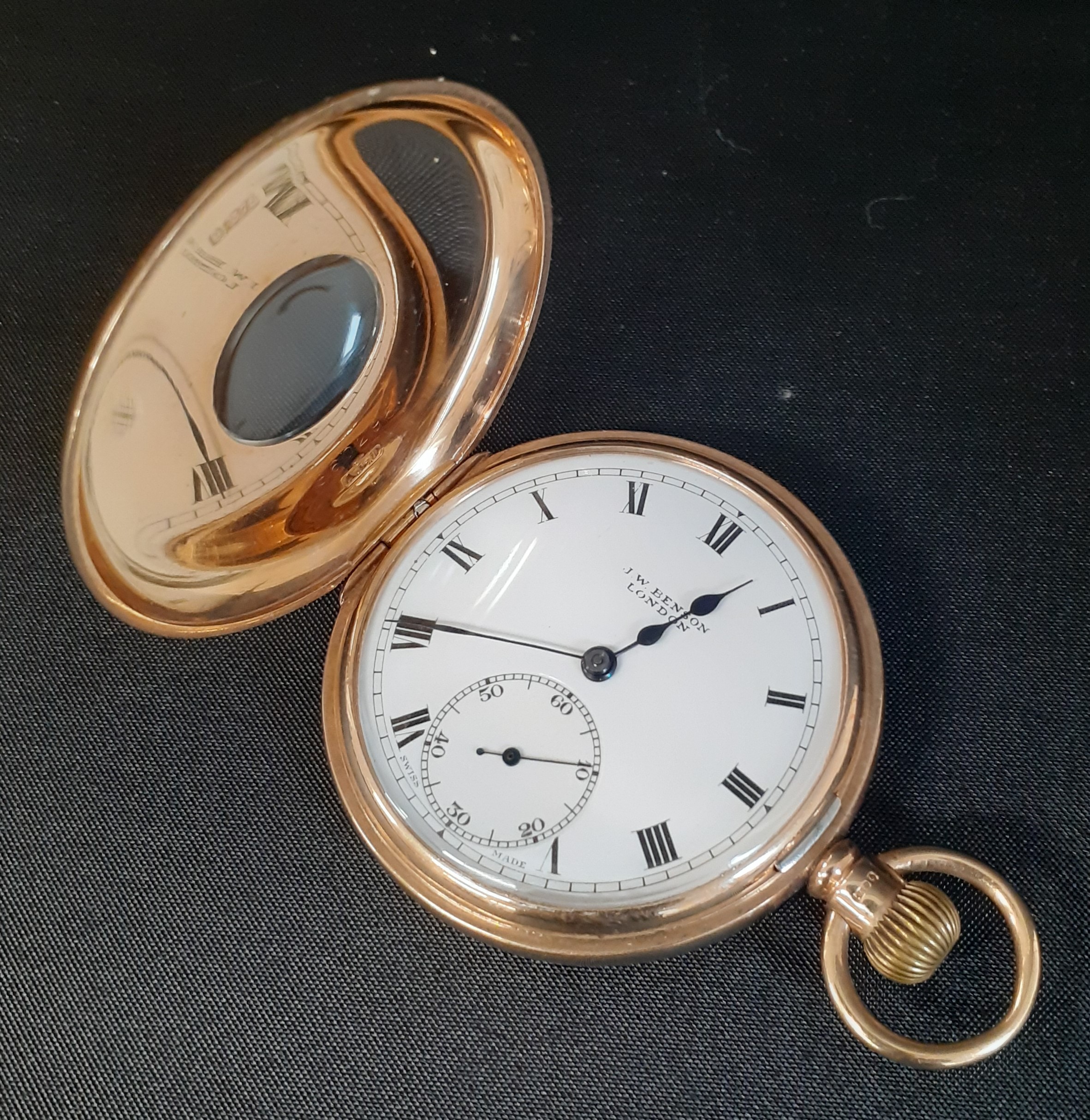 9ct gold J W Benson half hunter pocket watch with subsidiary seconds dial