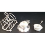 Silver toast rack Chester 1919 & two silver tea strainers London 1913 & Birmingham 1958, 7.37ozt