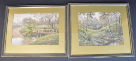 Pair of framed watercolours "The Brook Bag Enderby" & "Springtime in the Woodlands" by J T Burgess