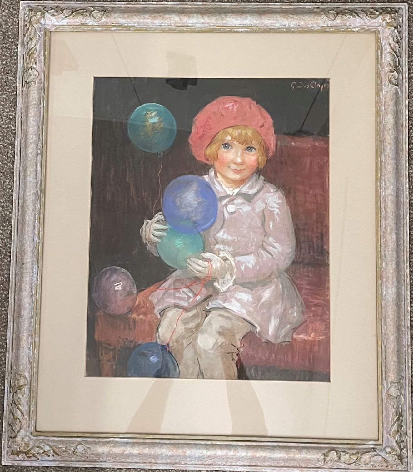 Framed pastel portrait of a young girl with balloons by Gertrude Des Clayes 170cm by 240cm - Image 2 of 2
