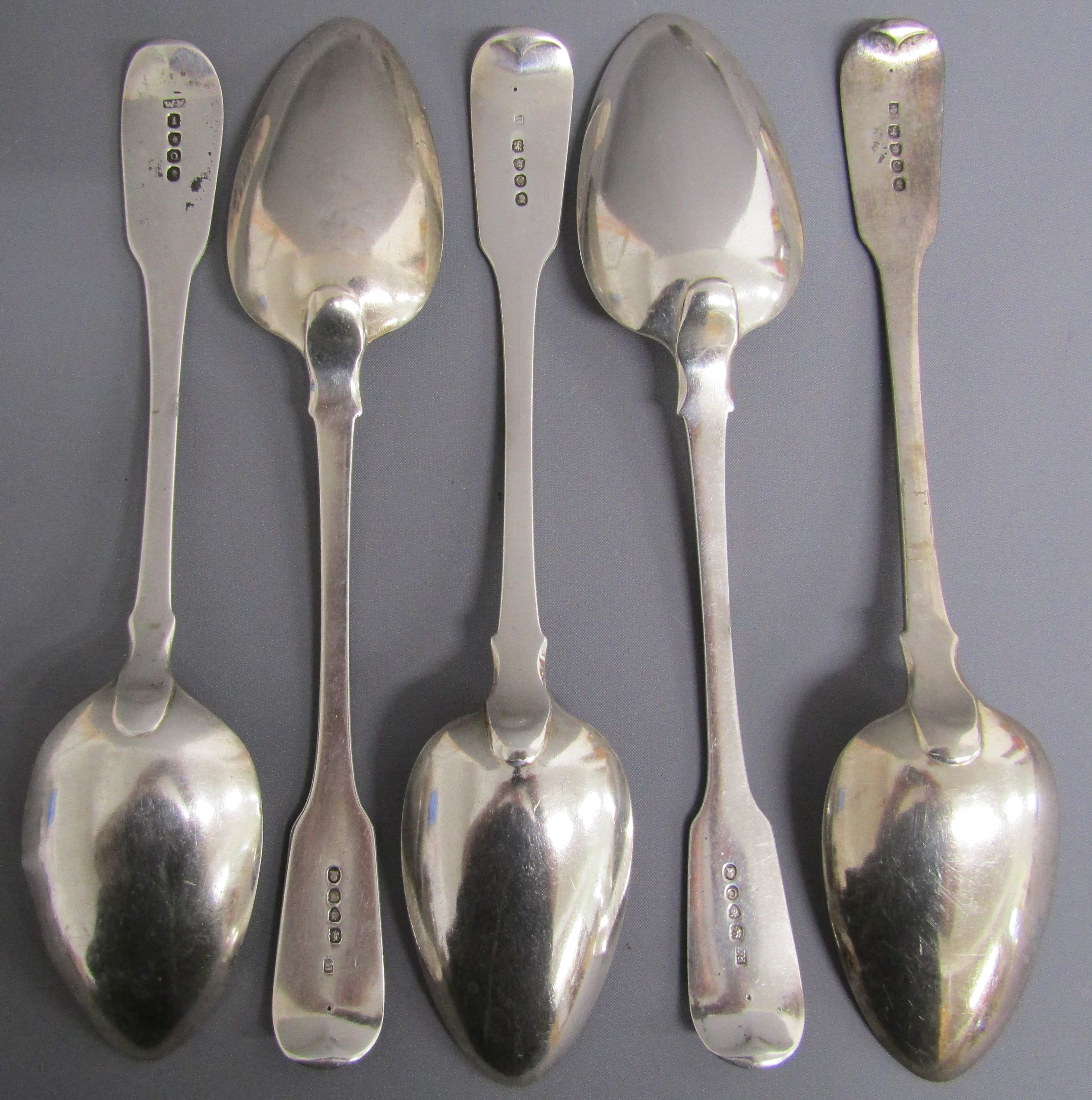 5 silver serving spoons embossed with a wheatsheaf - 4 Possibly Richard Poulden London 1818 & 1 - Image 2 of 4