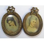 Pair of Continental brass framed painted lady miniatures - approx. 12.5cm x 8.5cm (one loose from